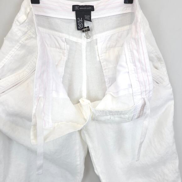 INC International Concepts Linen Ramie Pants Roll Tab Men 34x30 White Button Fly - Picture 11 of 15